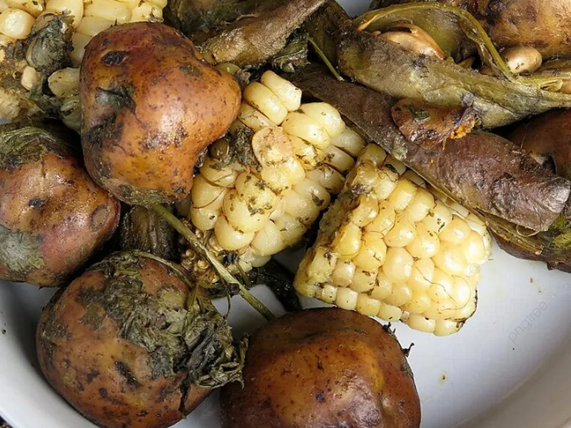 Pachamanca dans la Vallée Sacrée : viandes, pommes de terre et maïs cuits sous la terre sur des pierres chaudes